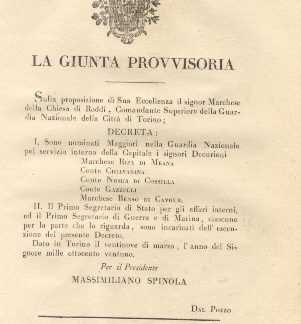 Decreto della Giunta Provvisoria con il quale nomina cinque signori Decurioni a Maggiori nella Guradia Nazionale per servizio interno della Capitale...29 marzo 1821.