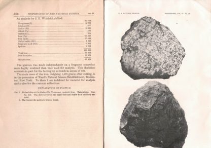 A recently found Iron meteorite from Cookeville, Putnam County, Tennessee. N. 2153 - From te Proceeding of the United States National Museum, Vol. 51, pp. 325-326, with plate 28.